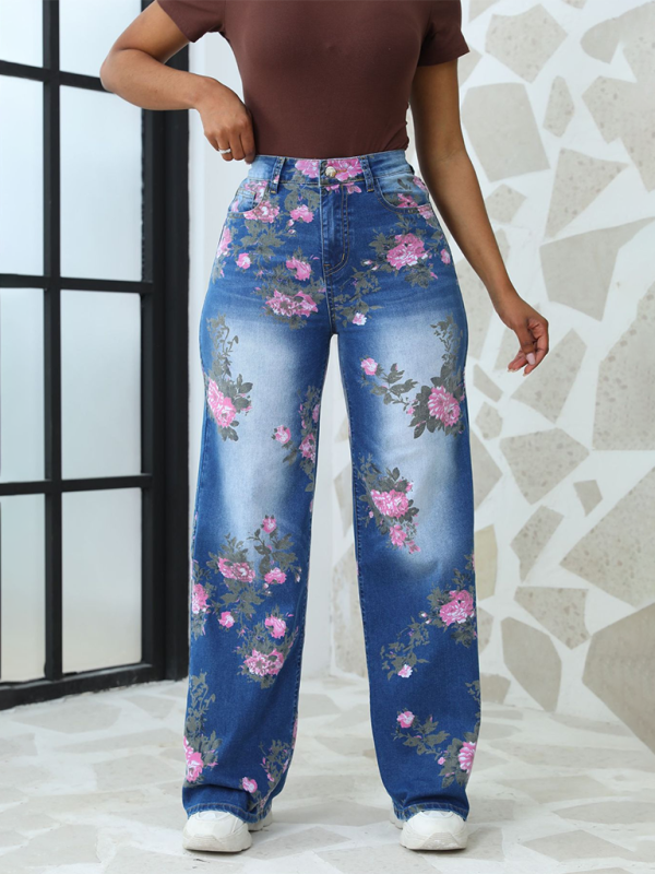 Pantalones vaqueros anchos con estampado floral para mujer 
