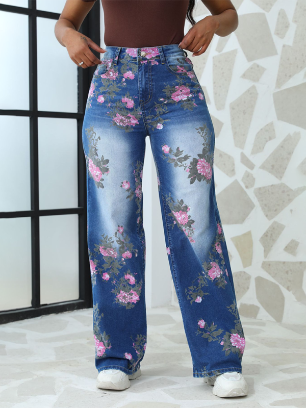 Pantalones vaqueros anchos con estampado floral para mujer 