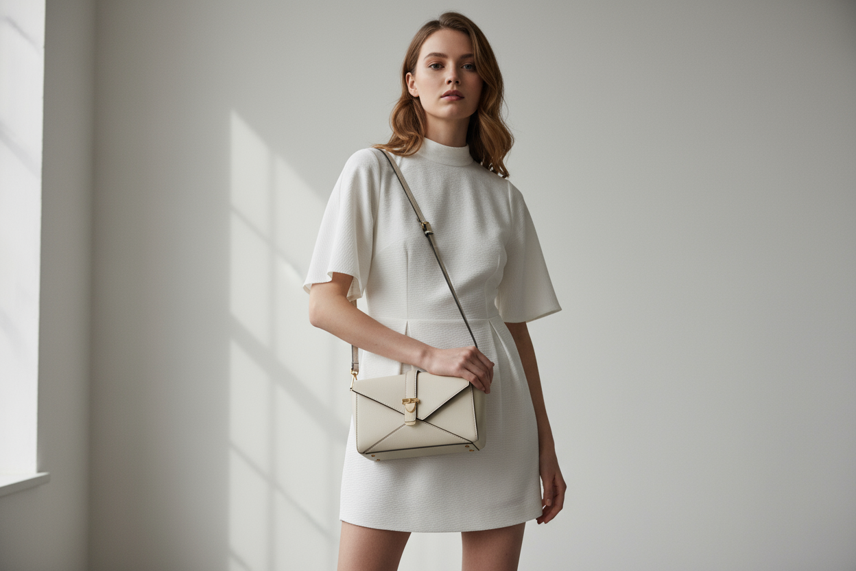 Woman holding a beige handbag in a minimalistic setting